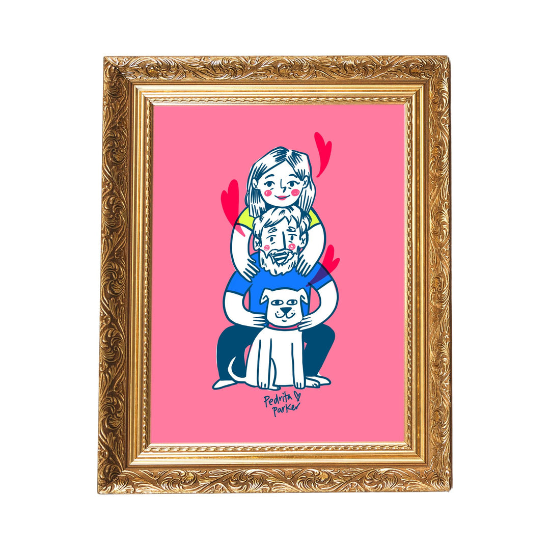Lámina Familia perruna. Fondo rosa