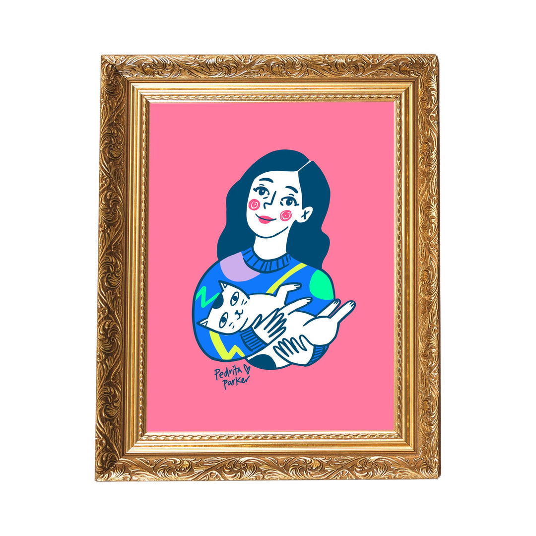 Lámina Mujer gatuna. Fondo rosa