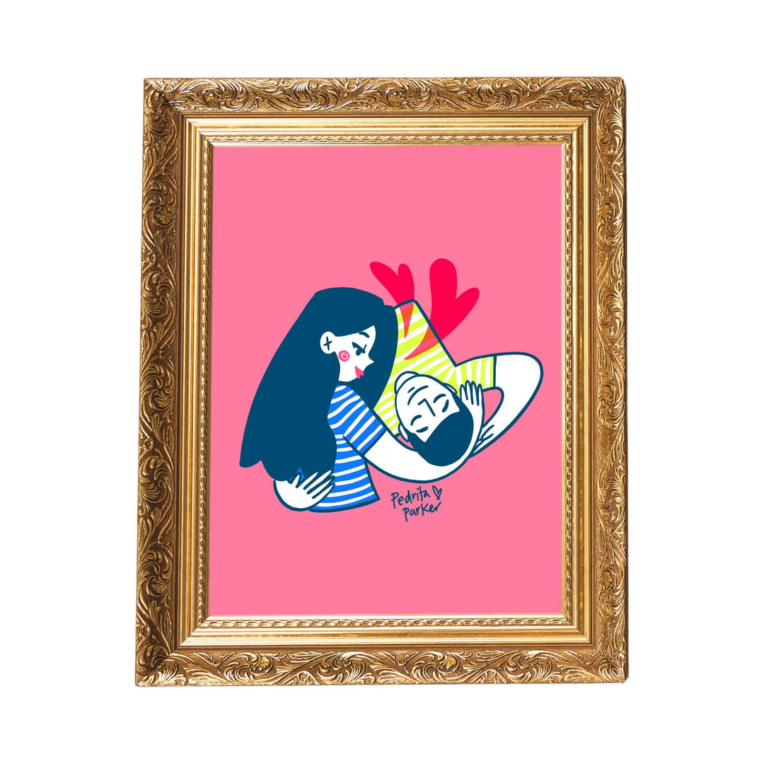 Lámina Pareja abrazo. Fondo rosa